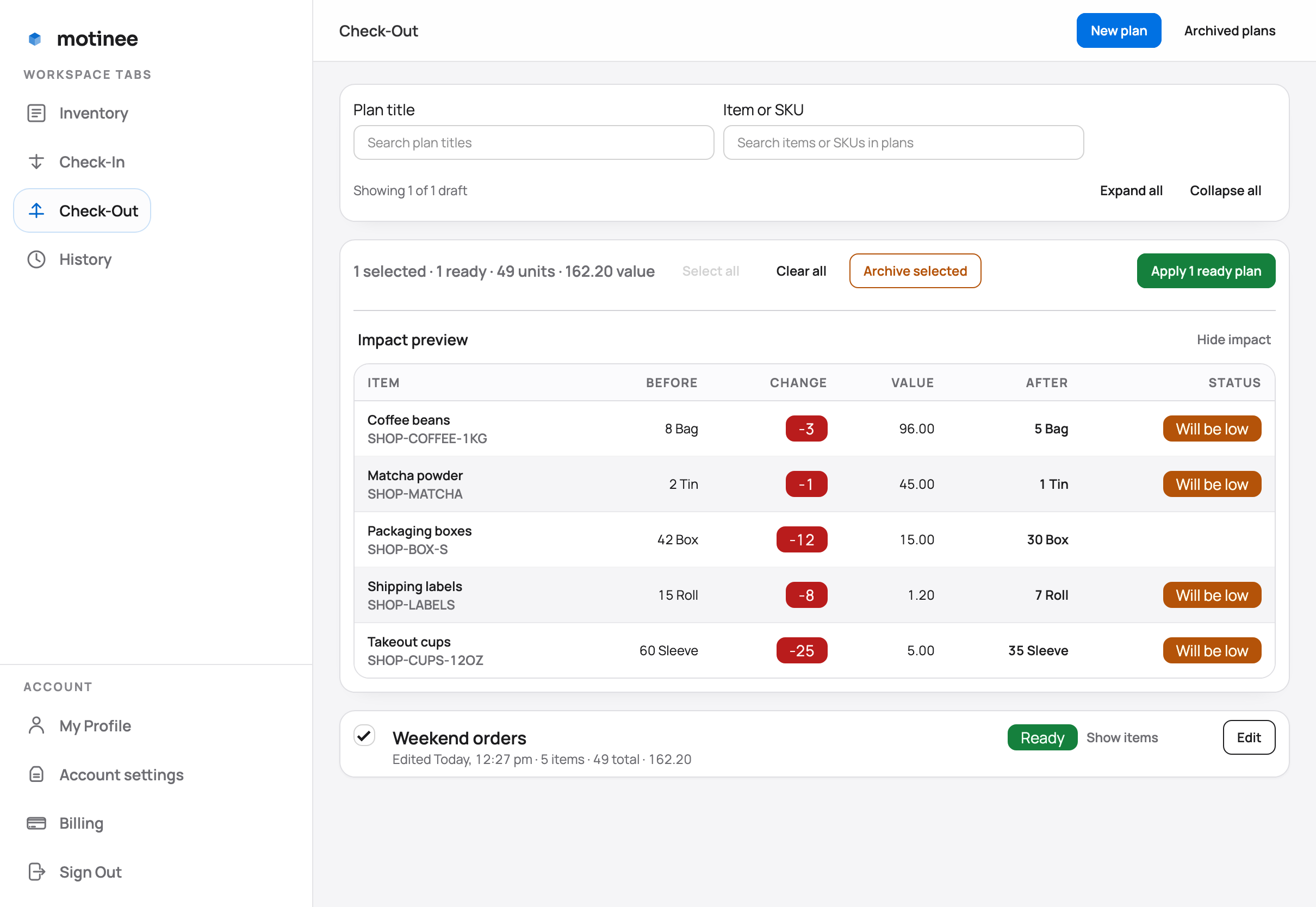 Motinee desktop Check-Out impact preview before applying selected plans