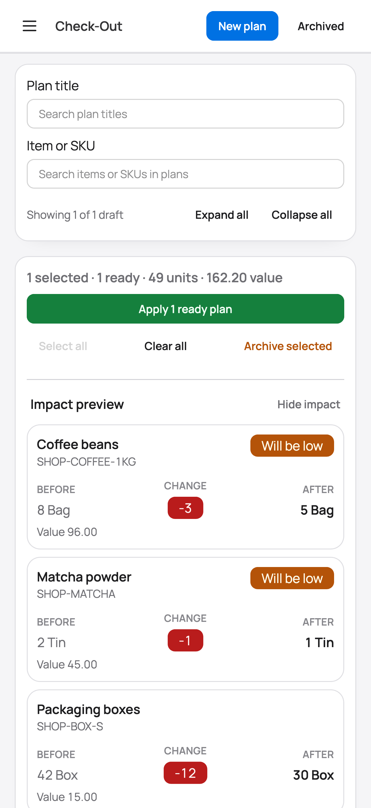 Motinee mobile Check-Out impact preview before applying selected plans