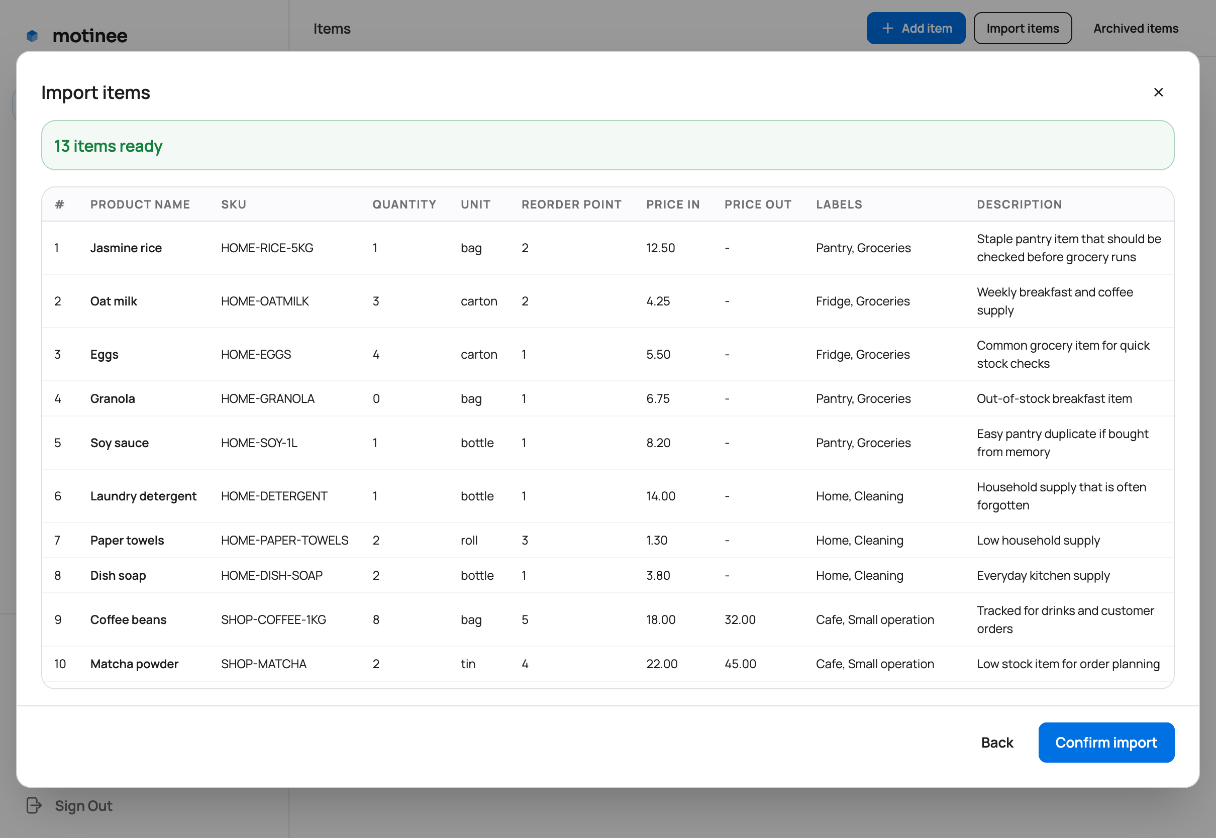 Motinee desktop import preview showing validated inventory rows before confirmation