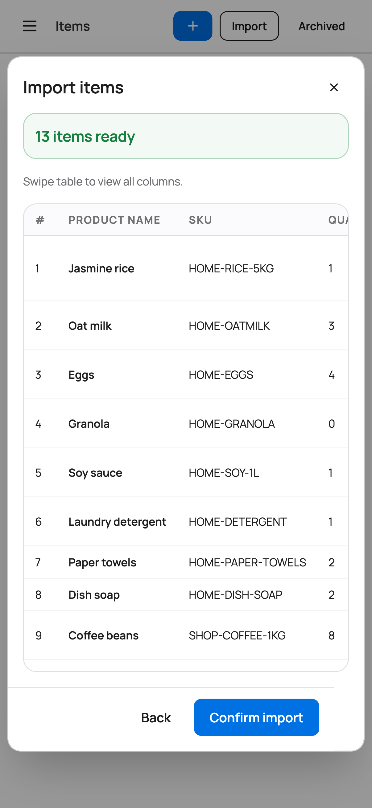 Motinee mobile import preview showing validated inventory rows before confirmation