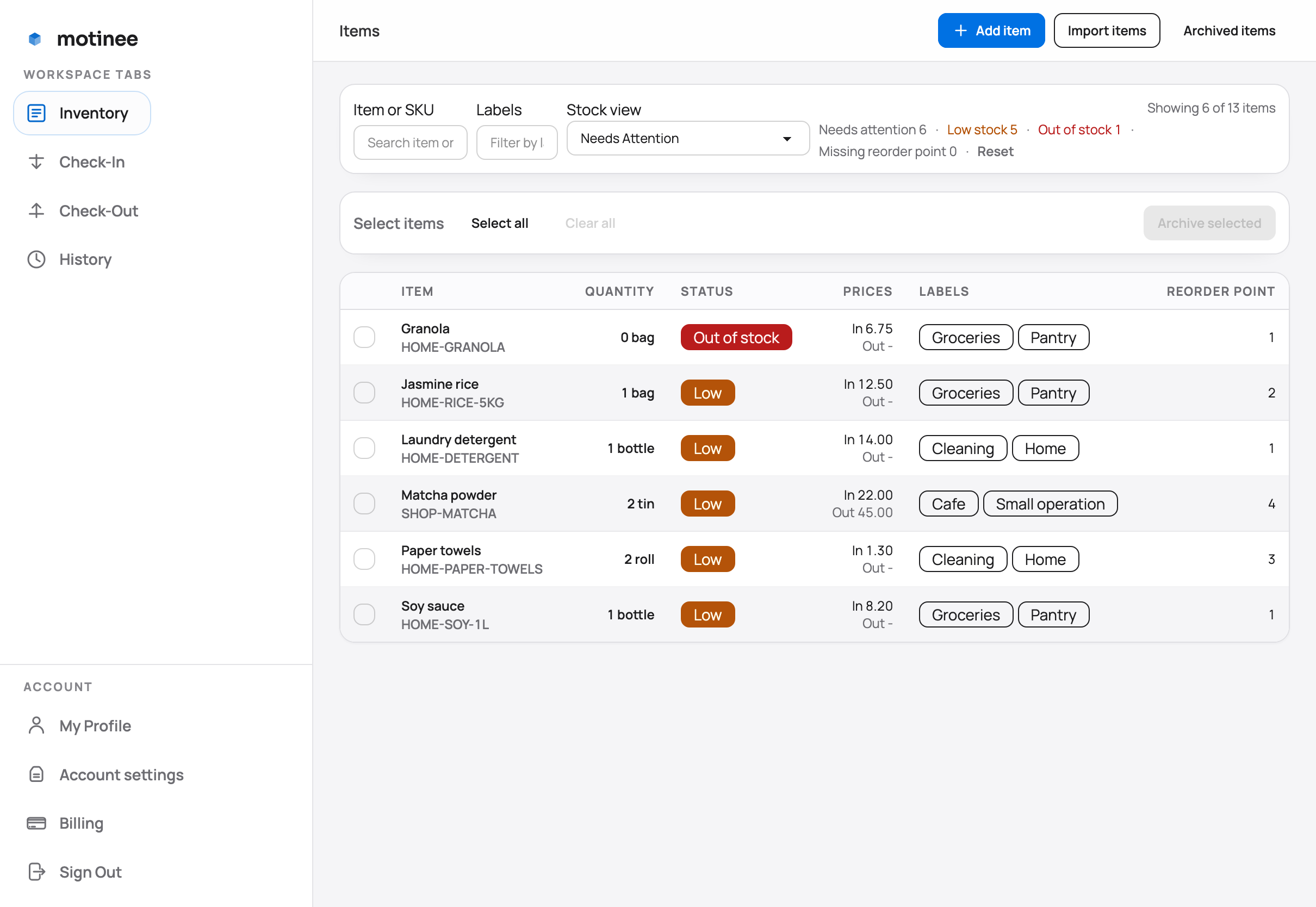 Motinee desktop inventory view filtered to items that need attention