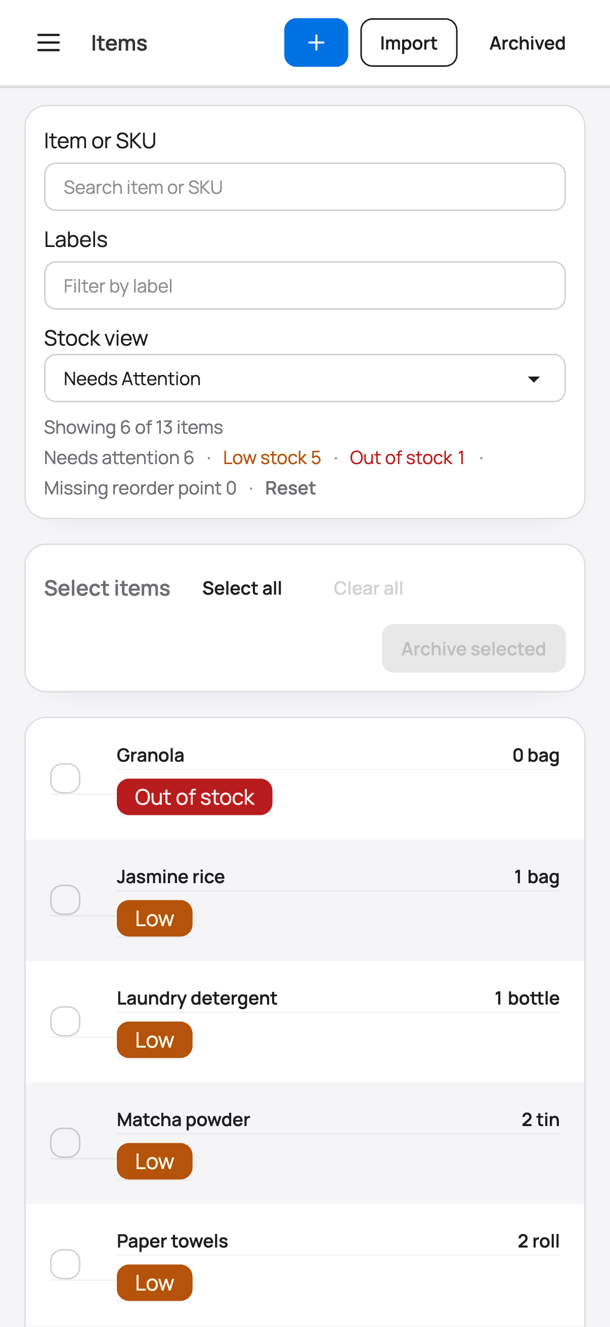 Motinee mobile inventory view filtered to items that need attention